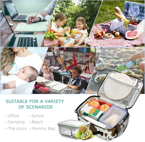 Vista 2 de Kcldeci Bolsa de almuerzo de cuero de vaca Bolsas de almuerzo aisladas Caja de almuerzo reutilizable Bolsa de mano Bolsa de mano térmica Kit