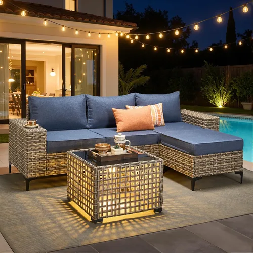 Vista 15 de HOOOWOOO Juego de muebles de patio de 5 piezas, sofá modular en forma de L para exteriores con mesa solar, mimbre PE para todo tipo de clima, sofá