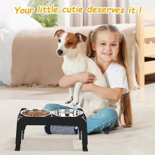 Vista 7 de Cuencos elevados para perros de 3 alturas ajustables con soporte elevado con cuencos de comida para perros de acero inoxidable de 25 oz