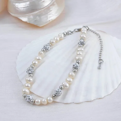 Vista 6 de Rosedate Pulsera de perlas naturales con incrustaciones de diamantes, pulsera de flores doradas, elegante y exquisita para mujeres y niñas, regalo