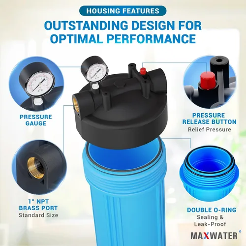Vista 3 de Max Water Carcasa universal para filtro de agua para toda la casa, cartucho de carbono de sedimentos de 20 x 4.5 pulgadas, sistema de prefiltración