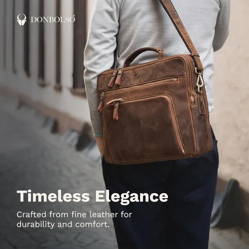 Vista 3 de DONBOLSO Bolso tipo mensajero de cuero para mujeres y hombres – Bolso de hombro hecho a mano de 15 x 12 x 4 pulgadas para computadora portátil