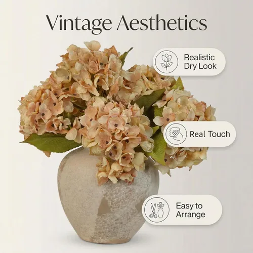 Vista 3 de TOPIA Flores de otoño de seda, hortensias secas artificiales, ramo de otoño, flores secas falsas para decoración del hogar (6 unidades)