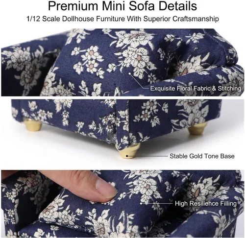 Vista 3 de Sofá de casa de muñecas con almohada a escala 1/12, muebles en miniatura, color azul Miniature 2 pcs high simulation upholstered fabric & wood
