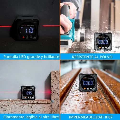 Vista 6 de Buscador de ángulo digital con láser electrónico – Calibre de ángulo magnético fuerte de 4 lados, inclinómetro de cubo con luz de fondo Gris