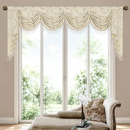 Vista 21 de Loom and Mill Cenefa de cascada de lujo de jacquard para sala de estar, elegantes cenefas de ventana con festones y cuentas damascadas, cortinas