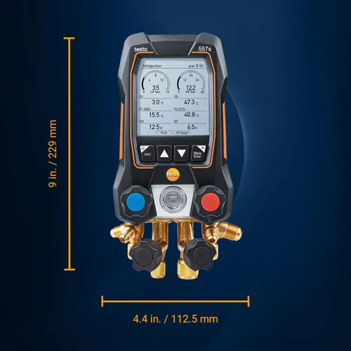 Vista 3 de Testo 557s Juego de Manómetros de Colector de CA – Kit de Recarga de CA con 2 x Termómetros de Abrazadera de Tubería 115i, 1 x Medidor de Micrones