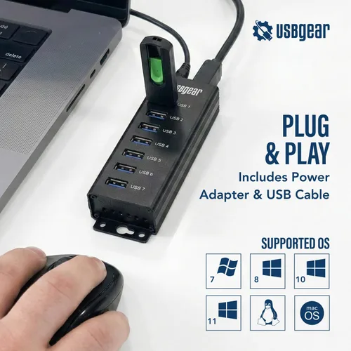 Vista 2 de USBGear Hub USB de 7 puertos 3.2 Gen 1 – Concentrador de datos supervelocidad montable con puertos USB para laptop, PC, escritorio y más, adaptador