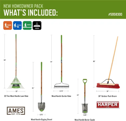 Vista 2 de AMES Kit de herramientas de mango largo para propietarios de viviendas de 5 piezas con rastrillo de césped, pala de excavación, rastrillo de jardín