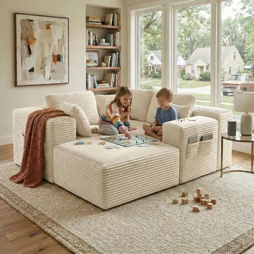 Vista 3 de Gizoon Sofá modular Cloud de 105 pulgadas con diván en forma de L, sofá modular sin hueso para sala de estar, sofá de pana tapizado con asiento Beige