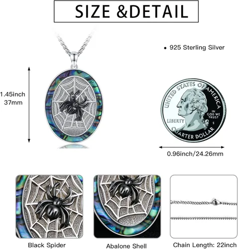 Vista 6 de Collar con colgante de plata de ley 925 de abulón, collar con medallón de zorro, araña, lobo, regalo de joyería para hombres, mujeres y niños