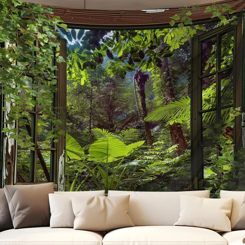 Vista 14 de QGHOT Tapiz de bosque brumoso, tapiz de montaña natural para colgar en la pared, paisaje de acuarela verde salvia, arte de pared para dormitorio