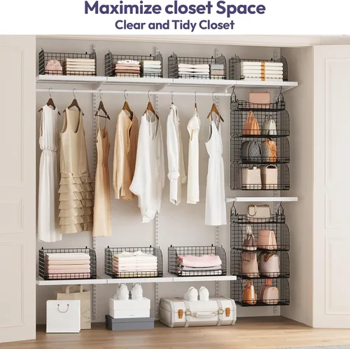 Vista 5 de SWTYMIKI Organizador de armario colgante – 4 estantes apilables de metal con divisores y ganchos en S, estantes plegables para ropa, pantalones