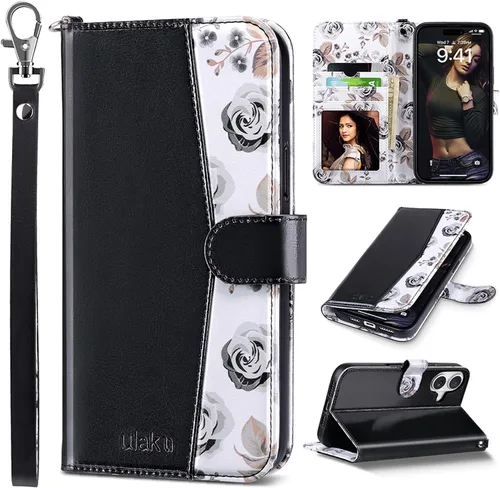 Vista 51 de ULAK Funda tipo billetera compatible con iPhone 15 para mujeres, funda tipo cartera con estampado floral de piel PU premium con porta tarjetas