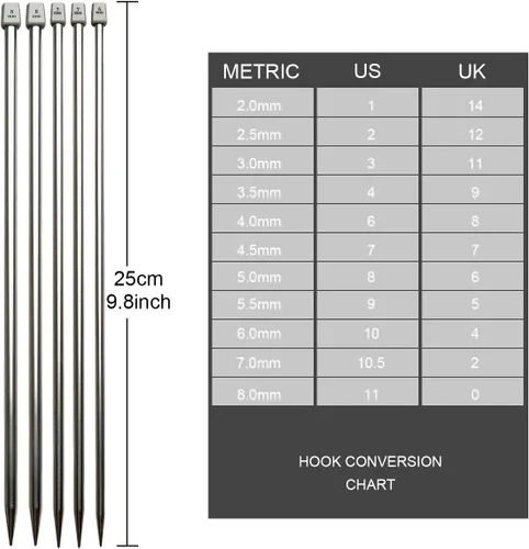Vista 2 de KOKNIT Juego de 11 pares de agujas de tejer, 10 pulgadas de longitud de acero inoxidable de una sola punta, kit de agujas de suéter en diferentes