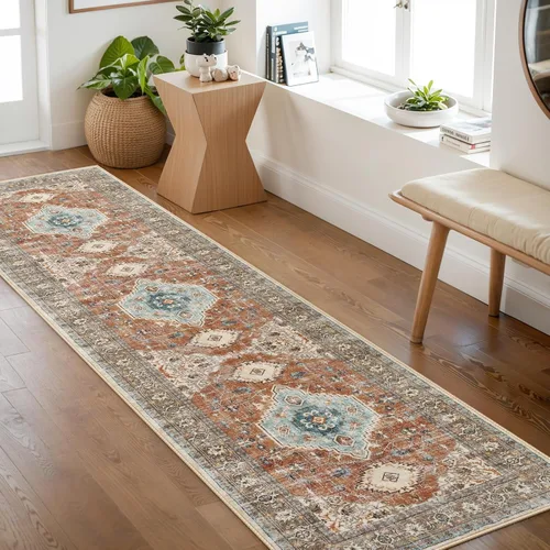 Vista 23 de Lahome Alfombra oriental lavable de área pequeña, 2 x 3 pies, para entrada, cocina, ultra fina, suave, tapete antideslizante para puerta de Azul