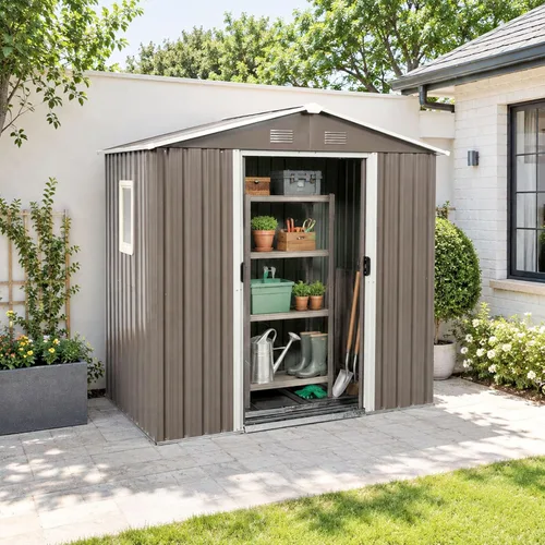 Vista 2 de Cobertizo de almacenamiento para exteriores de 6.23 x 4.3 pies con base de metal, puertas correderas y ventanas, protección solar, cobertizo de Gris