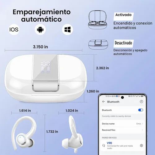 Vista 3 de Auriculares inalámbricos deportivos, Bluetooth 5.3, auriculares estéreo 3D con ganchos para los oídos, auriculares Bluetooth 48H micrófono 2-Blanco