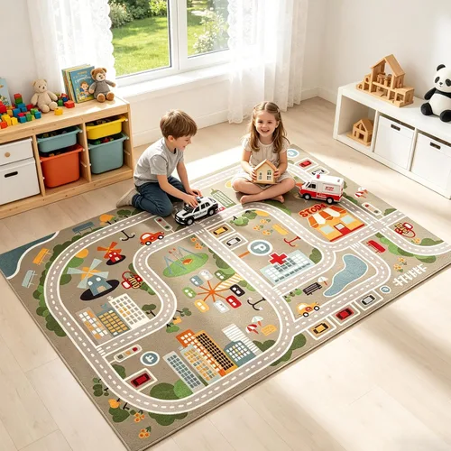 Vista 10 de Alfombra de juegos para niños para autos de juguete y tren, alfombra de área de juegos con respaldo de goma, divertida alfombra decorativa, regalo