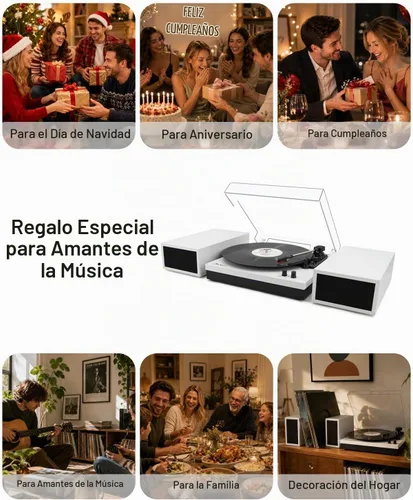Vista 8 de Reproductores de discos de vinilo con 2 altavoces externos y tocadiscos Bluetooth, color blanco 01-Cuero blanco