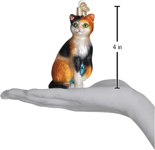 Vista 5 de Old World Christmas - Adorno de gato calico de vidrio soplado para árbol de Navidad, decoración festiva hecha a mano, colección de gatos