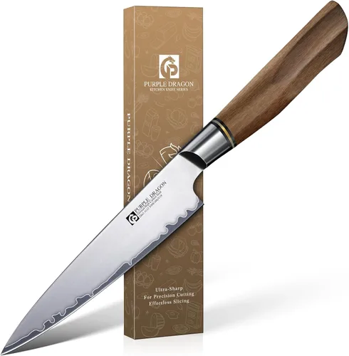 Vista 15 de Juego de 4 cuchillos de carne serrados de Purple Dragon de acero alemán de alto carbono con mango cuadrado de madera - Corte sin esfuerzo - Regalo