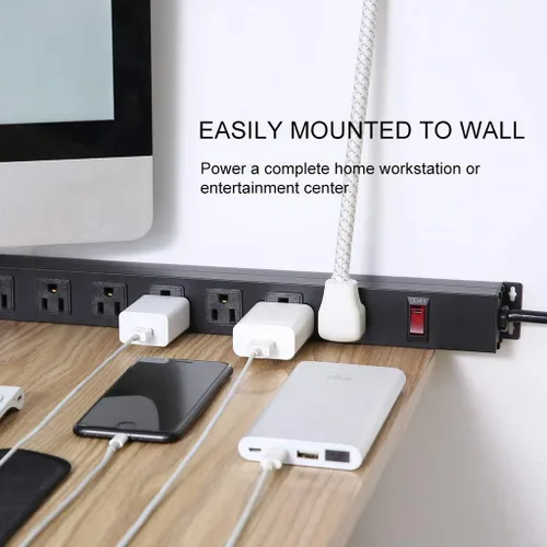 Vista 7 de Tira de alimentación de 10 tomas de 6 pies de largo, cable de extensión resistente para montaje en pared, enchufe de metal para cocina, oficina