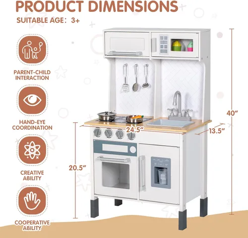 Vista 7 de BRINJOY Juego de cocina para niños, cocina de madera para niños con grifo, fregadero, estufa, horno, utensilios de cocina, gabinetes de Blanco