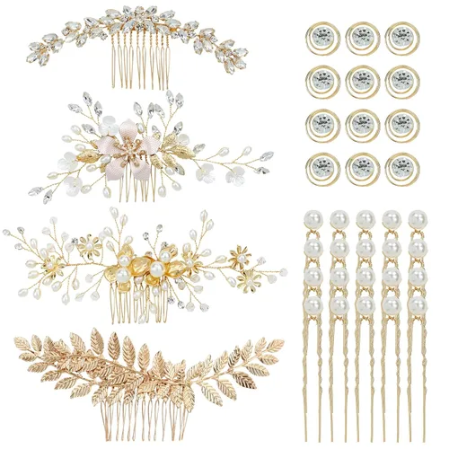 Vista 9 de inSowni 36 Pack Horquillas para el pelo de novia con flores doradas y hojas, peines laterales para el pelo de novia+pinzas para el pelo