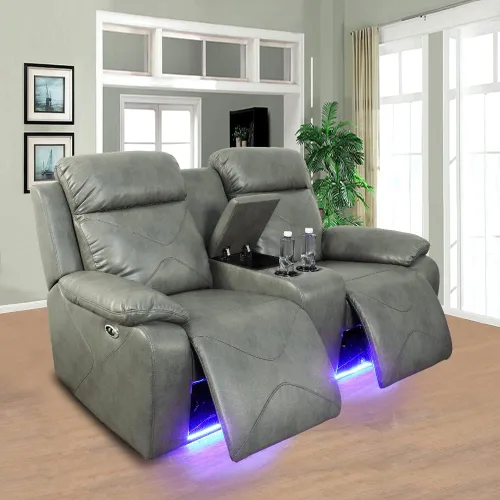 Vista 5 de Juego de sofá reclinable eléctrico con luces LED, sofá de cuero con puerto USB, muebles de sala de estar con consola de almacenamiento/portavasos