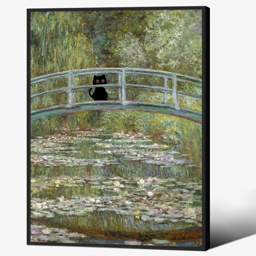 Vista 15 de CAXIYSH Arte de pared de gato negro Monet, póster de lirios acuáticos, vintage, divertido, floral, gato, lienzo, pinturas famosas, impresiones