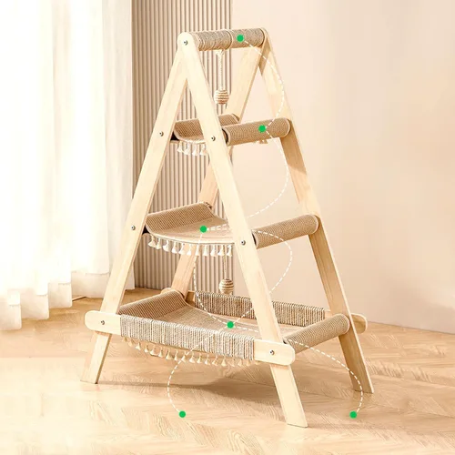 Vista 2 de SHENGOCASE - Torre de árbol para gatos de 3 niveles en forma de A, moderna, estructura de madera con escalera, cama con hamaca de varios niveles