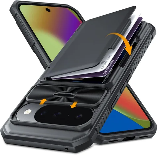 Vista 22 de CENMASO - Funda para Google Pixel 9 Pro XL con tarjetero (4 tarjetas), funda deslizante para cámara y función atril, bloqueo RFID, protección