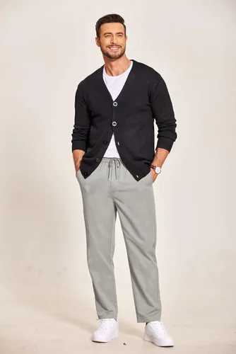 Vista 4 de COOFANDY Pantalones casuales con cordón para hombre, ajuste regular, cintura elástica, algodón básico, pierna recta, pantalones cargo