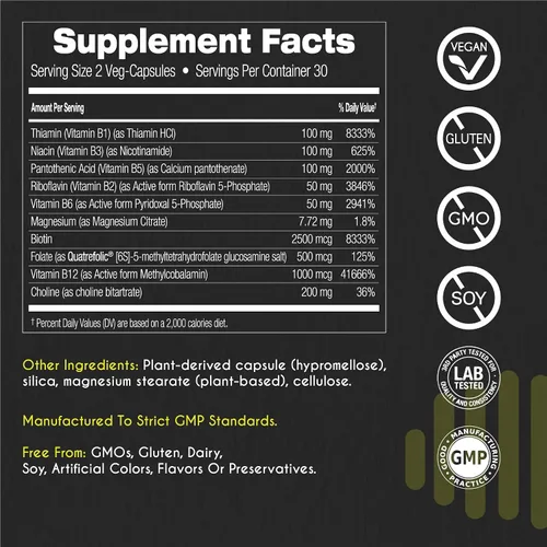 Vista 5 de myBrainCo. Complejo Active-B – Suplemento de vitamina B activada de alta resistencia con folato B2, B6, B12 y metilo – Apoya la energía, la función
