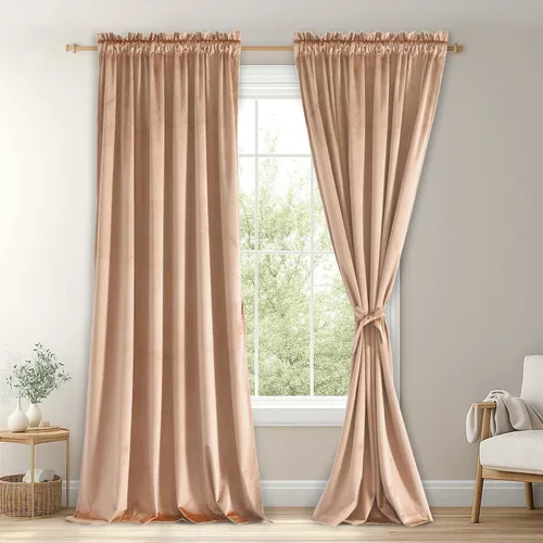 Vista 110 de JIUZHEN Cortinas de terciopelo beige de 63 pulgadas de ancho x 63 pulgadas de largo, cortinas de terciopelo retro suaves con bolsillo para barra