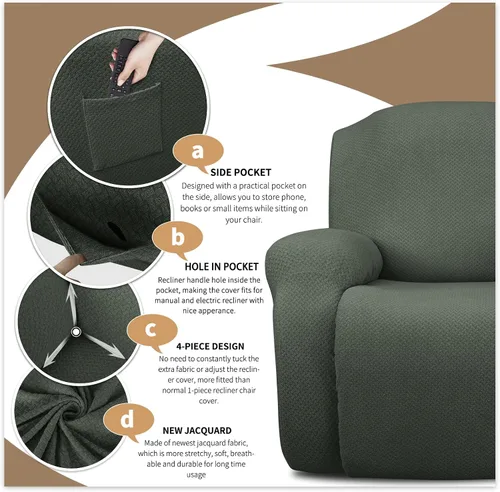 Vista 3 de JIVINER Fundas de sofá reclinable de 8 piezas, fundas elásticas de jacquard para sofá reclinable, fundas para sala de estar, protector suave de 3