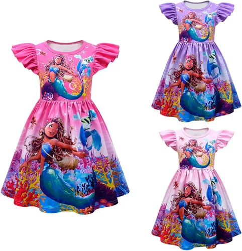 Vista 6 de Vestido de sirenita para niñas, vestidos de princesa de dibujos animados, manga con vuelo, ropa de juego elegante con swingdress 4-9 años