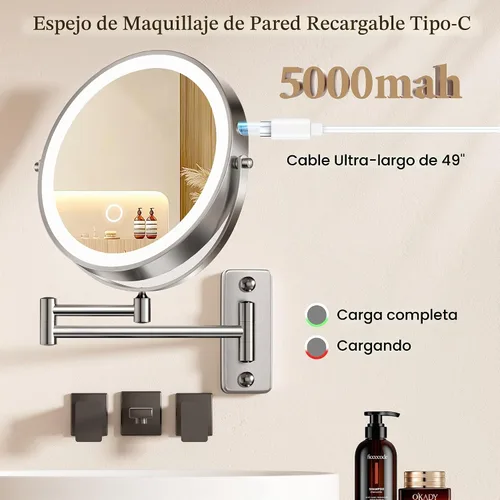 Vista 3 de Espejo de maquillaje iluminado grande de 9 pulgadas, espejo de aumento recargable de 5000 mAh con 3 luces de color regulables al tacto, brazo Pearl