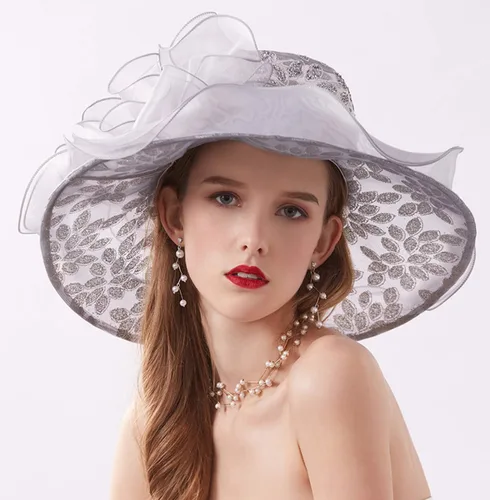 Vista 4 de Tocado de organza para mujer, para fiesta de té, boda, protección UV, sombrero de ala ancha