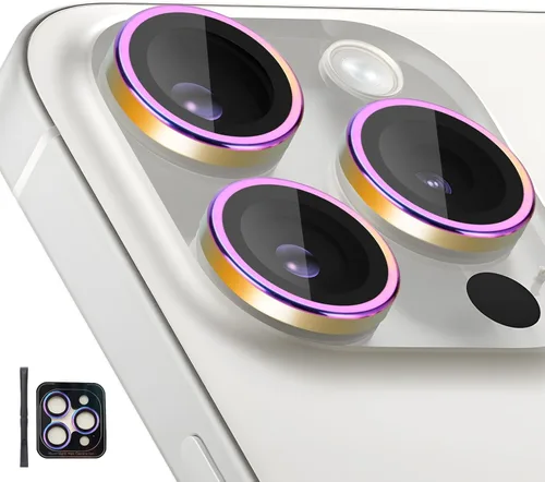 Vista 14 de Protector de lente de cámara para iPhone 15 Pro/15 Pro Max, protector de lente de anillo de cámara de vidrio templado individual con bandeja