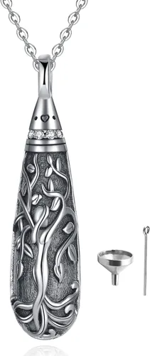 Vista 129 de Collar con colgante de urna de cenizas de cremación y árbol de la vida para mujer, plata de ley US1