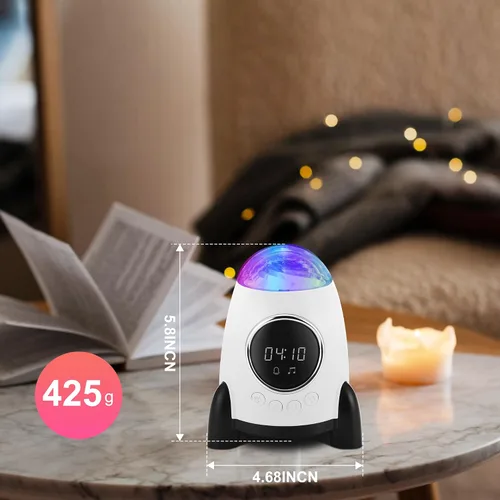 Vista 4 de Proyector de estrellas con reloj despertador, galaxia cohete para dormitorio, altavoz Bluetooth y aurora de ruido blanco