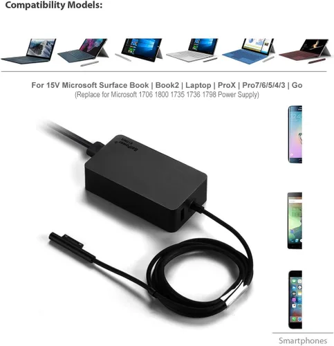 Vista 2 de BatPower Cargador para portátil de superficie de 15 V 4 A, 65 W, compatible con Microsoft Surface Book Laptop 4 3 2 1 Surface Pro X 7 6 5 4 Go