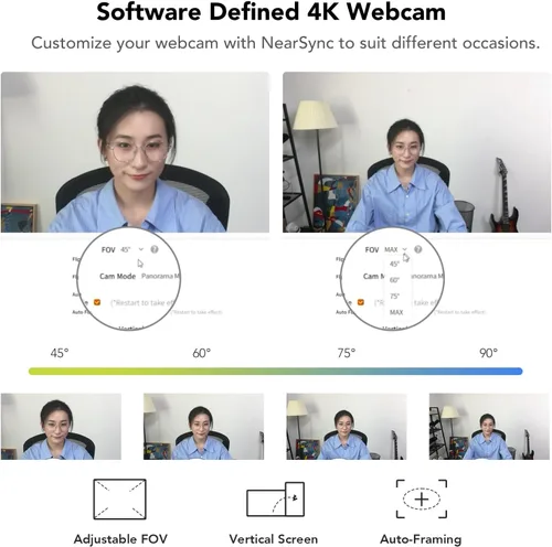 Vista 4 de NUROUM Cámara web V32AF 4K para PC, FOV ajustable, CMOS premium, enfoque automático de encuadre, micrófonos con cancelación de ruido, cámara web USB