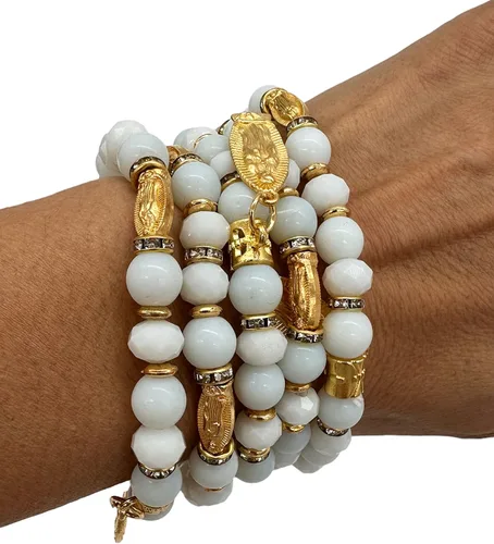 Vista 5 de Pulsera Rosario Lady Guadalupe Blanca – Bautizo Favor/Virgen De Guadalupe/Bautizo Recuerdos de Bautizo/Quinceañera/Baby Shower – 12 PCS