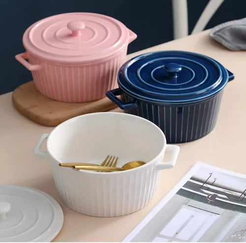 Vista 4 de Cacerola con tapa, cacerola de cerámica de 1.1 cuartos de galón para horno colorido (1, rosa)