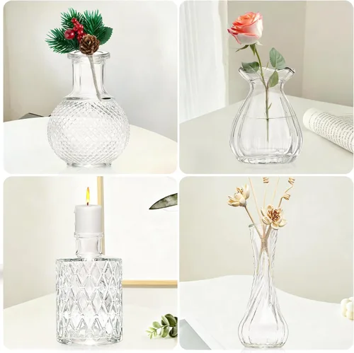 Vista 7 de KJHL Juego de 4 jarrones pequeños de cristal para flores, jarrones de flores pequeños transparentes vintage para centros de mesa de boda, mini