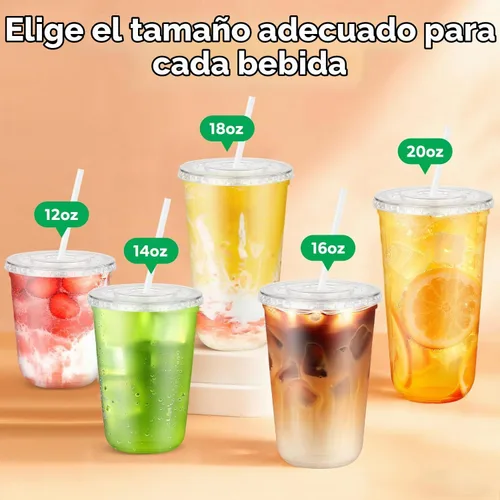 Vista 7 de Paquete de 25 vasos desechables de plástico transparente con tapas y pajitas, tazas de café helado de fondo redondo de 12 onzas, tazas de bebidas