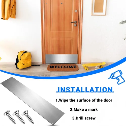 Vista 4 de Therwen 5 juegos de placas protectoras plateadas de 8 x 36 pulgadas para puertas exteriores, placas protectoras de aluminio satinado con tornillos